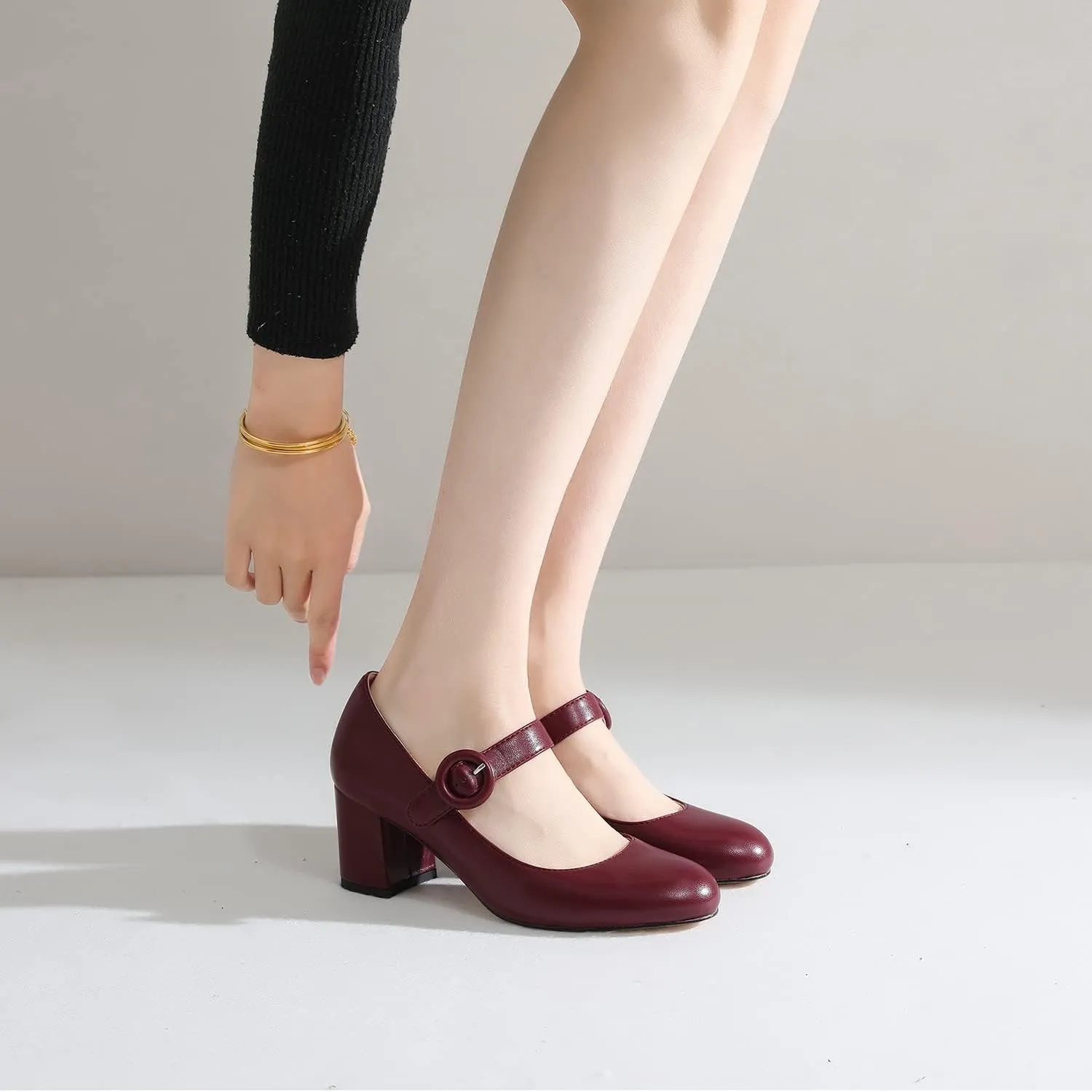 MOOMMO Women Classic Mary Jane Heels Pumps Shoes Ankle Strap Closed Round Toe Dress Sandals Chunky Block Heels Comfort Wedding Party Evening Pump Mid Heel Basic Office Work Shoes Elegant 4-11 M US