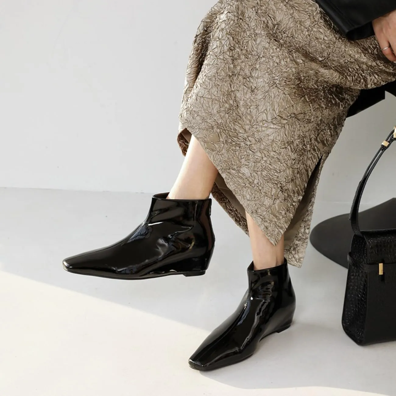MRKEWUNEY Elegant Square Toe Ankle Boots for Women Internal Increase Wedge Heel Booties