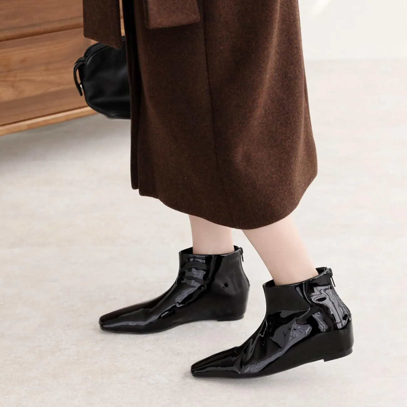 MRKEWUNEY Elegant Square Toe Ankle Boots for Women Internal Increase Wedge Heel Booties
