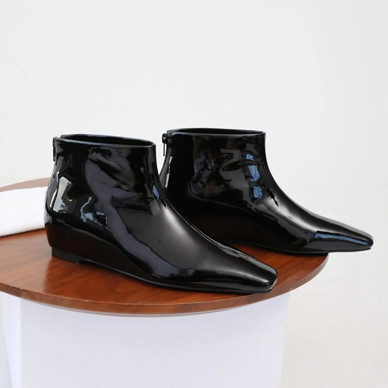 MRKEWUNEY Elegant Square Toe Ankle Boots for Women Internal Increase Wedge Heel Booties