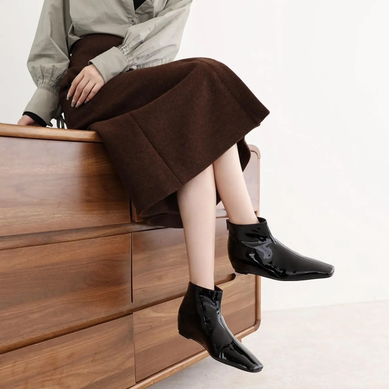 MRKEWUNEY Elegant Square Toe Ankle Boots for Women Internal Increase Wedge Heel Booties