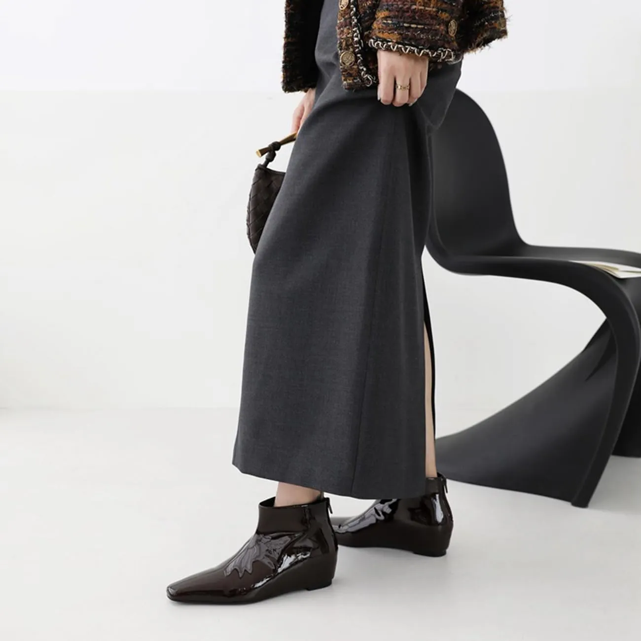 MRKEWUNEY Elegant Square Toe Ankle Boots for Women Internal Increase Wedge Heel Booties