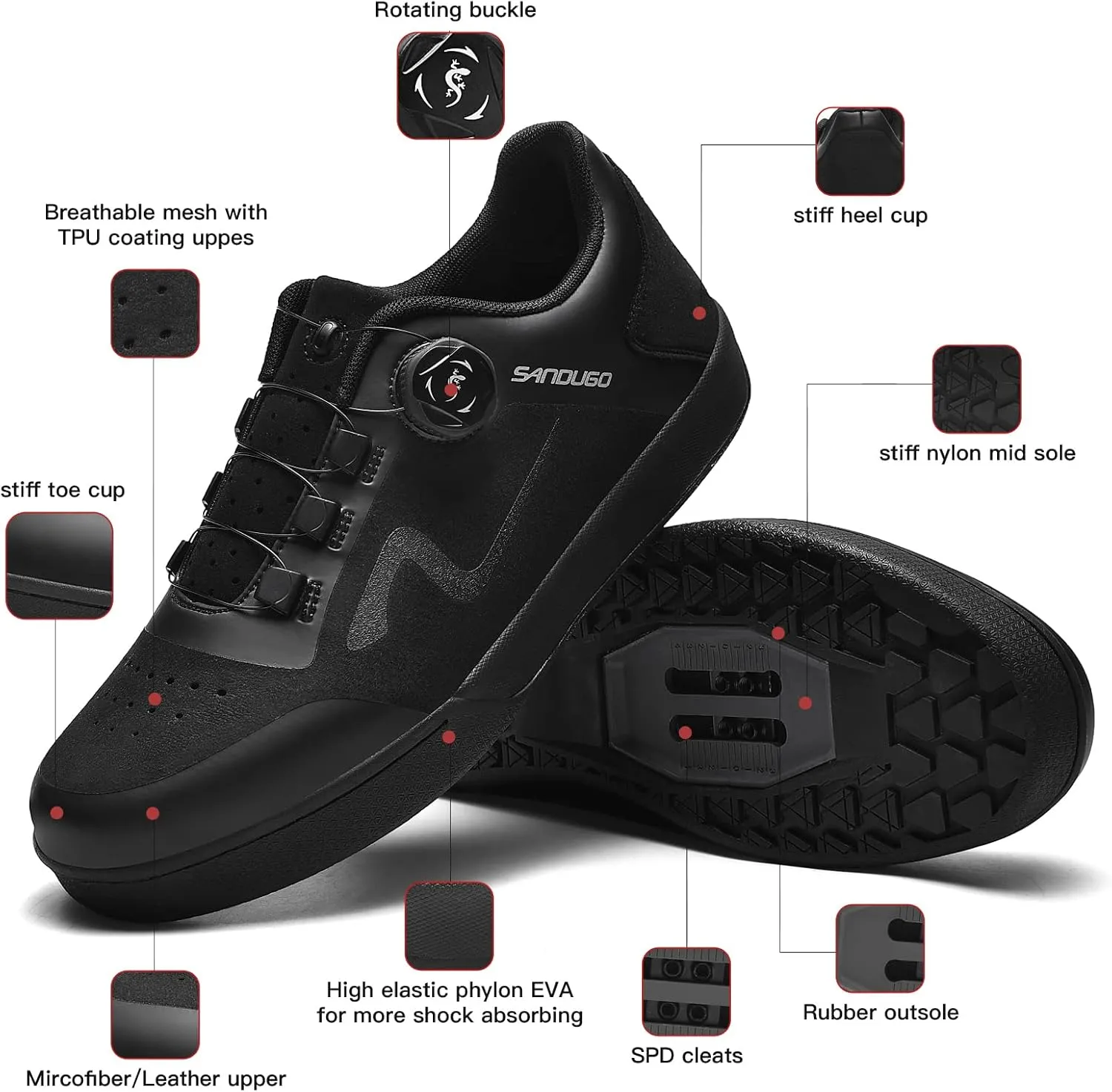 MTB Mountain Bike Cycling Shoes for Men,2 Bolts Suitable All SPD Pedals(XC/AM), Compatible with Peloton Lightweight and Comfortable,Black