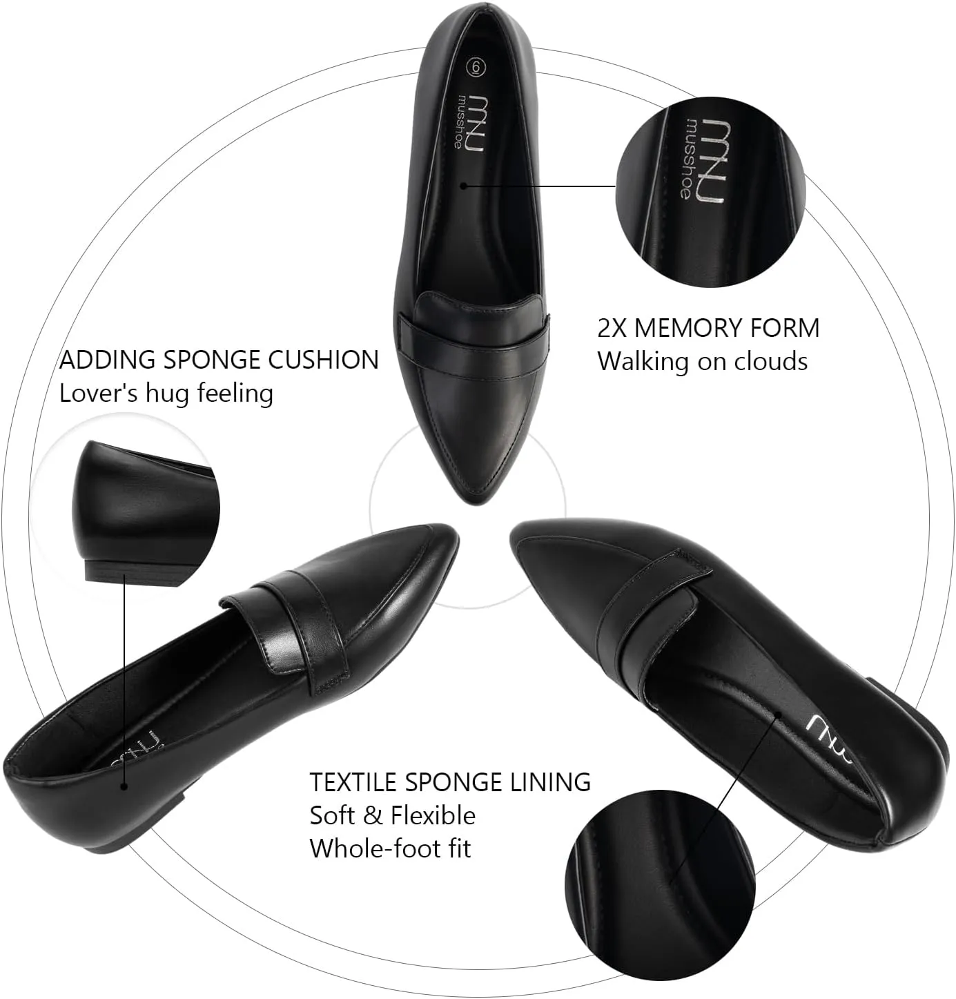 MUSSHOE Flats for Women Comfortable Pointed Toe Slip on Dressy Loafers for Women