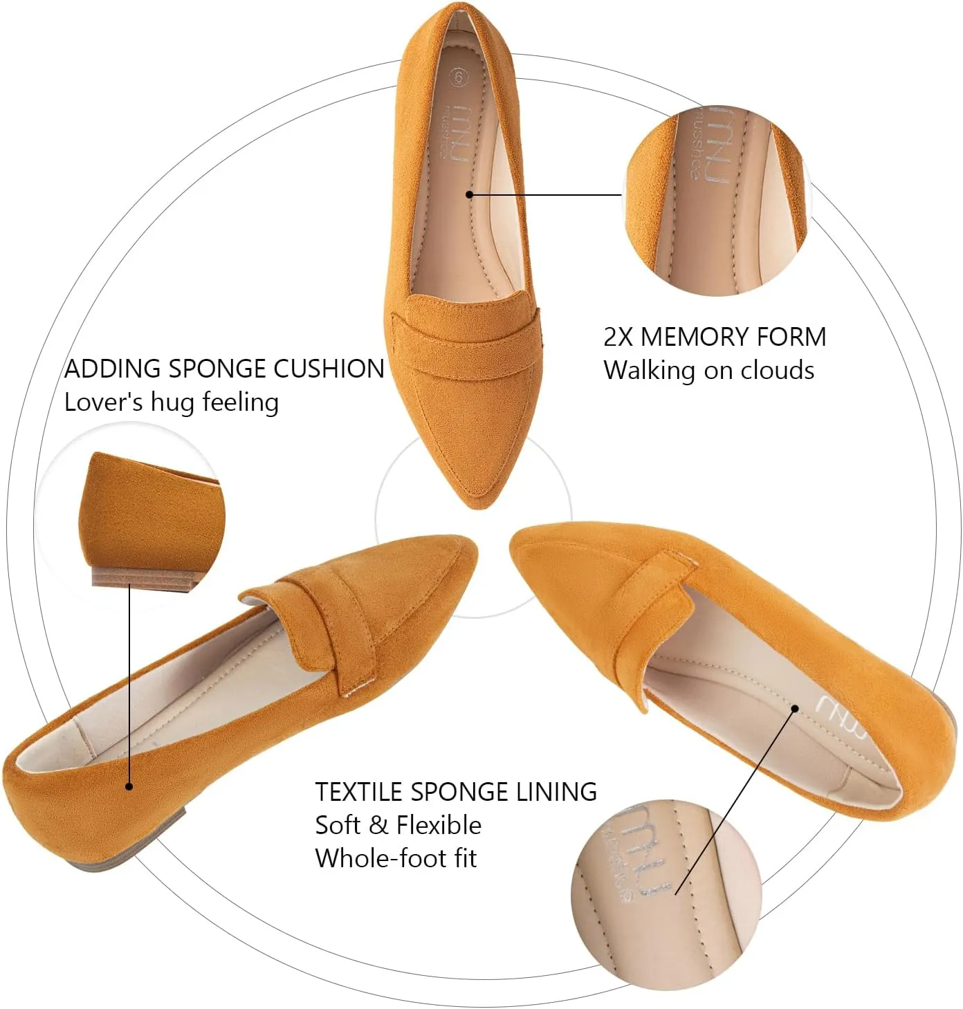 MUSSHOE Flats for Women Comfortable Pointed Toe Slip on Dressy Loafers for Women