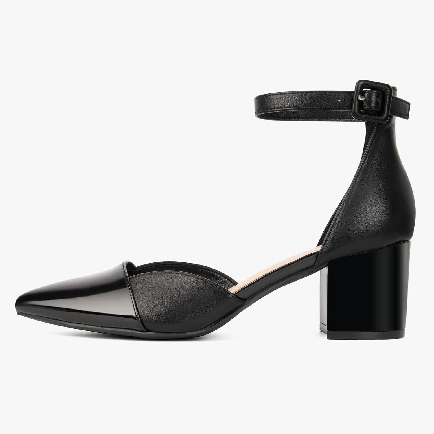 MUSSHOE Women's Pointed Toe Pumps Ankle Strap Buckle Chunky Block Heel Splicing D'Orsay Shoes