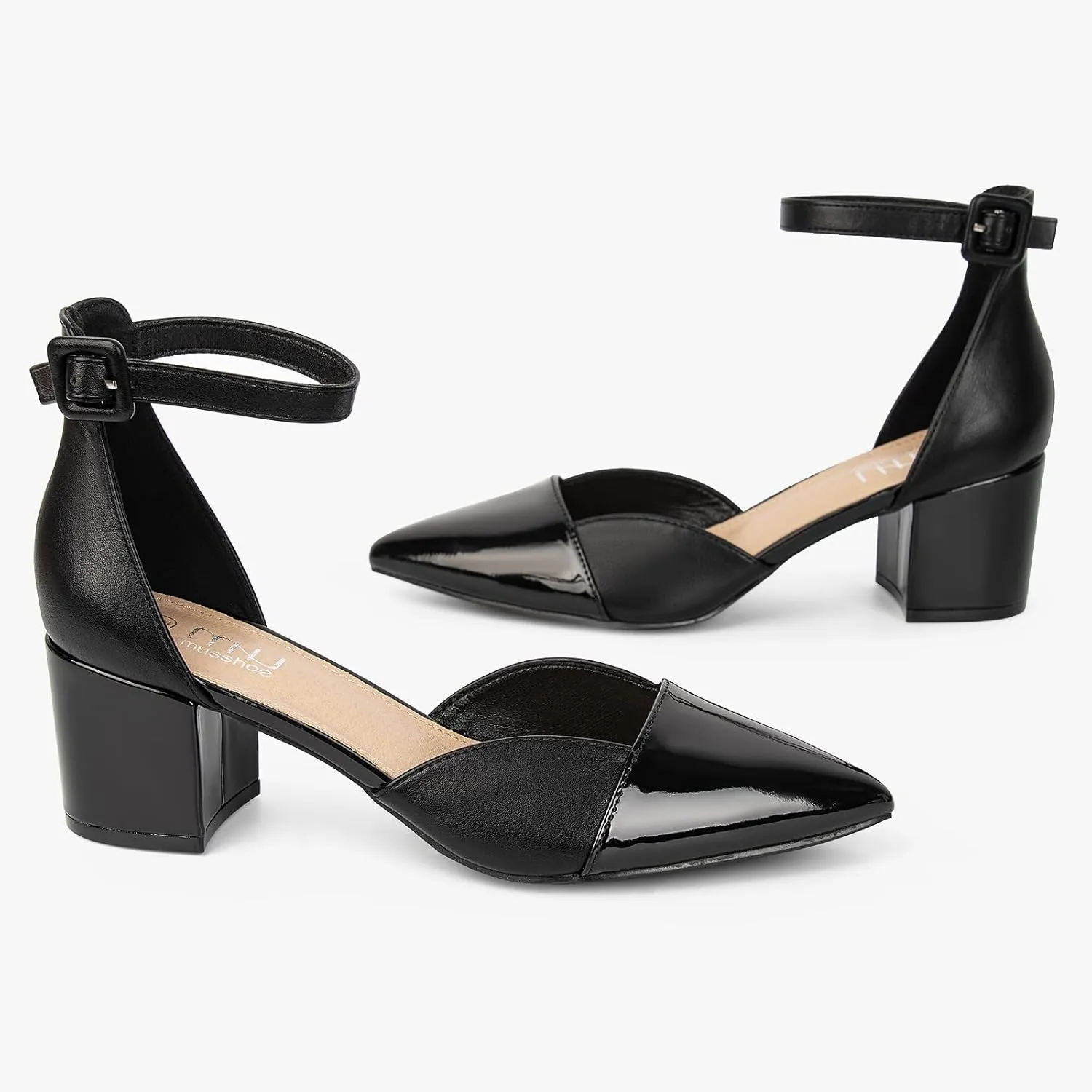 MUSSHOE Women's Pointed Toe Pumps Ankle Strap Buckle Chunky Block Heel Splicing D'Orsay Shoes