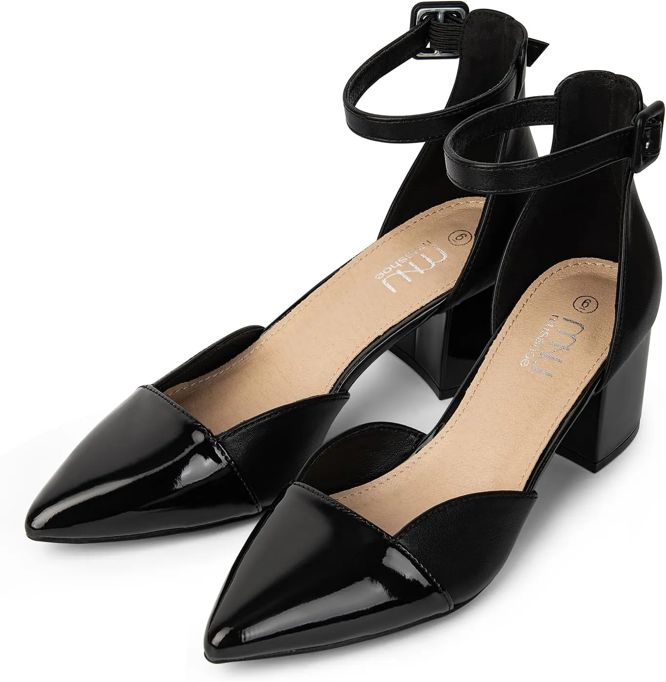 MUSSHOE Women's Pointed Toe Pumps Ankle Strap Buckle Chunky Block Heel Splicing D'Orsay Shoes