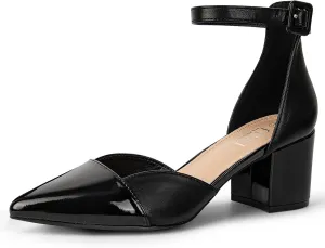 MUSSHOE Women's Pointed Toe Pumps Ankle Strap Buckle Chunky Block Heel Splicing D'Orsay Shoes