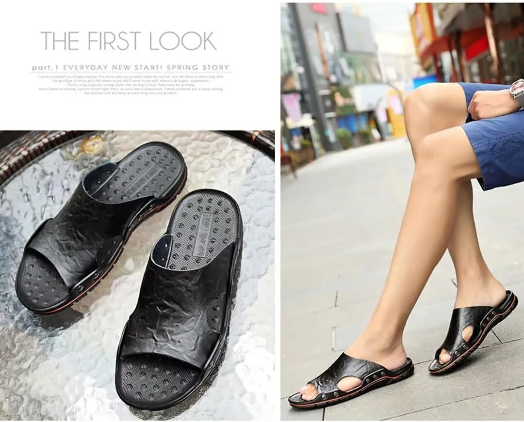 NANXIN&LOVE Mens Slide Sandals Open Toe Non-Slip Comfortable Slide Sandals Men Leather House Slippers Summer Lightweight