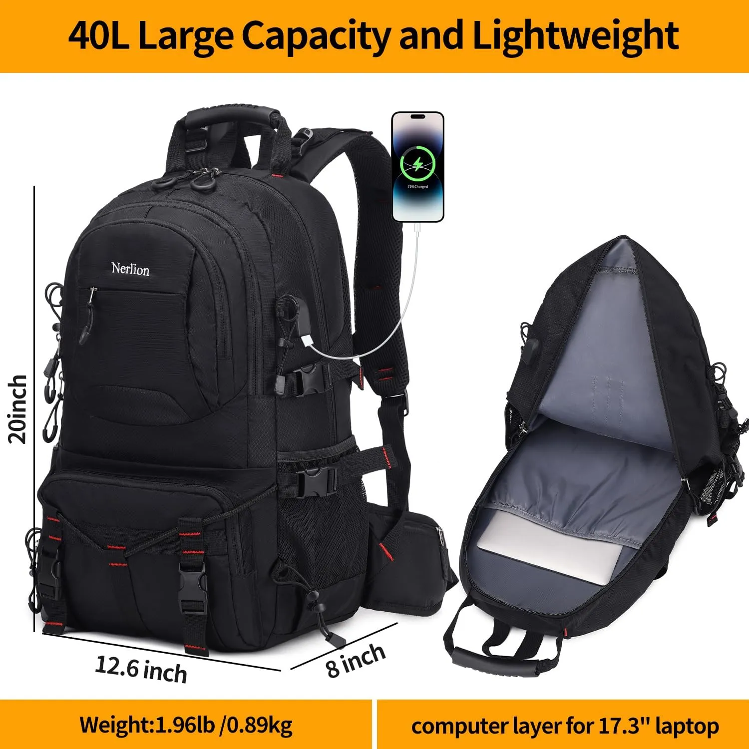 Nerlion 40L Hiking Backpack Travel Backpack for Men Women Camping Waterproof Outdoor Hiking Daypack Lightweight Backpack (Black)