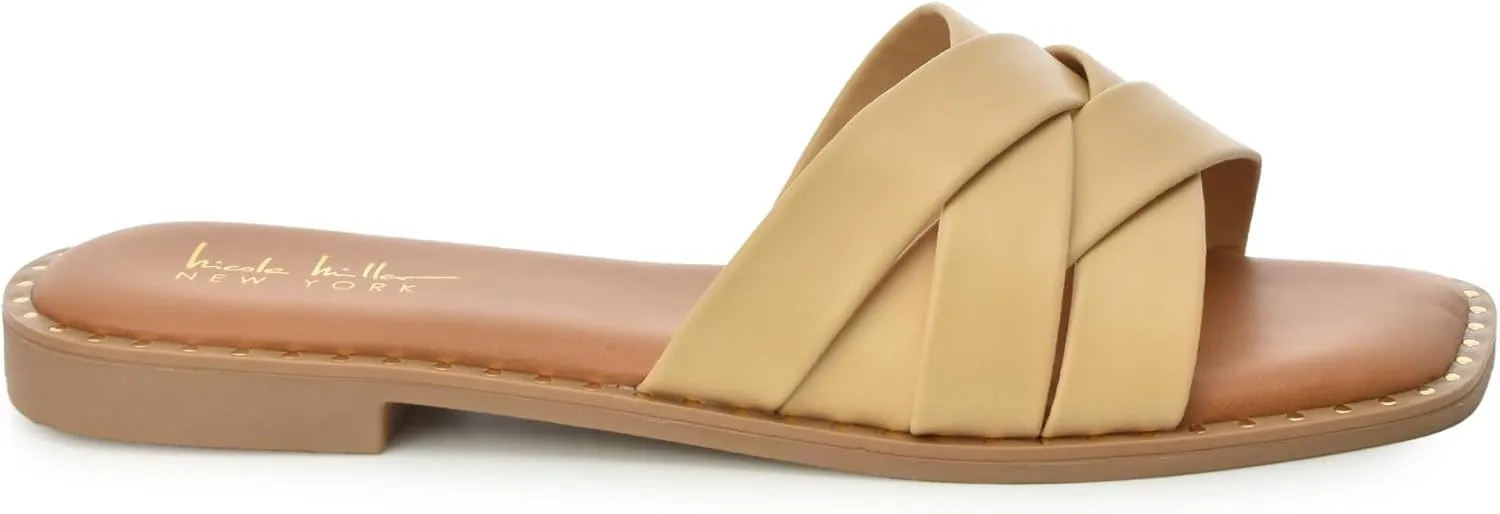 Nicole Miller Rally Women's Sandals - Stylish & Lightweight Open Toe Sandals - Durable & Non-Slip Summer Beach Sandals - Super Soft Memory Foam Insole Slides - Cute Flat Slide Sandals for Women
