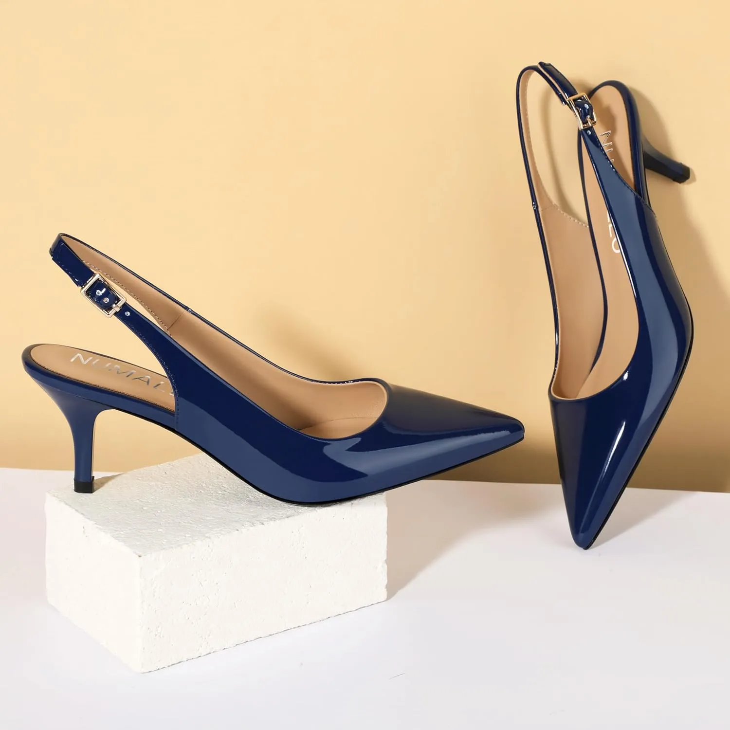 NUMALEO Slingback Heels for Women Pointed Close Toe Kitten Heels Patent Pumps Dress Party Comfy Stiletto 2.5 Inch Dress Shoes