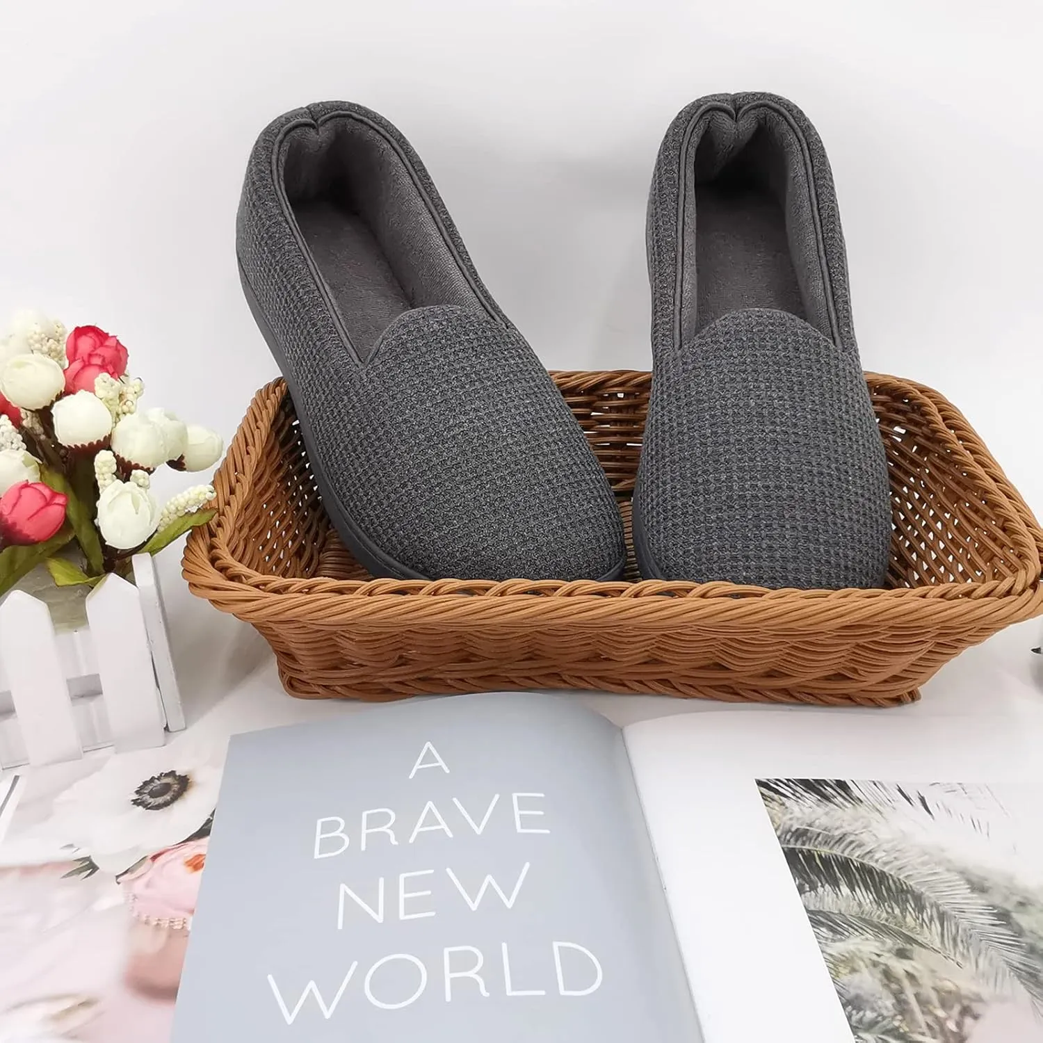 ofoot Womens Comfortable Memory Foam House Slippers Indoor Flat Shoes With Back Cotton Terry Cloth Lining Non Slip Soles