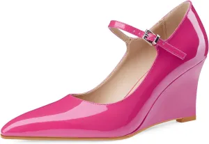 Oh Mispares Women's Wedge Heel Pumps Pointed Toe Mary Jane High Heels Adjustable Strap Elegant Closed Toe Wedding Bride Office Dress Shoes 3 Inches