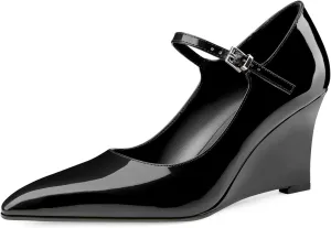 Oh Mispares Women's Wedge Heel Pumps Pointed Toe Mary Jane High Heels Adjustable Strap Elegant Closed Toe Wedding Bride Office Dress Shoes 3 Inches