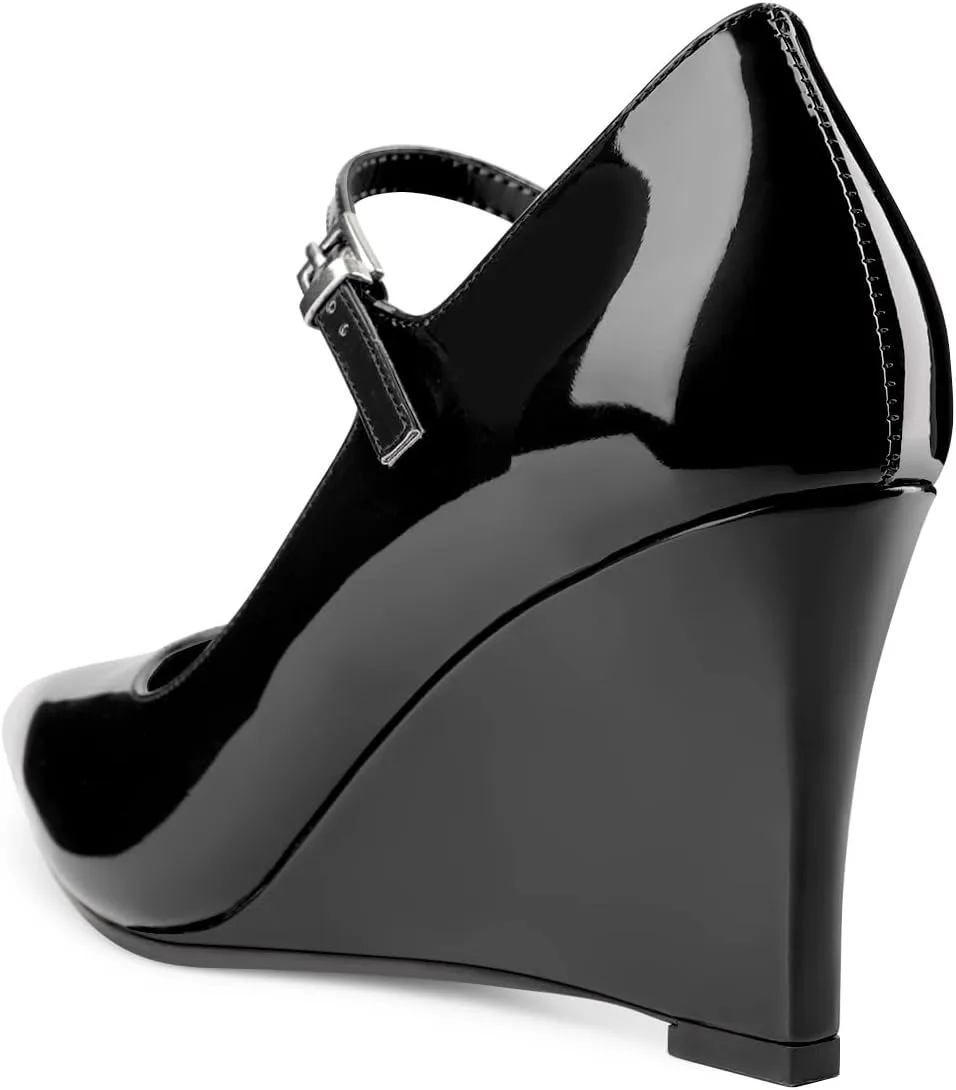 Oh Mispares Women's Wedge Heel Pumps Pointed Toe Mary Jane High Heels Adjustable Strap Elegant Closed Toe Wedding Bride Office Dress Shoes 3 Inches