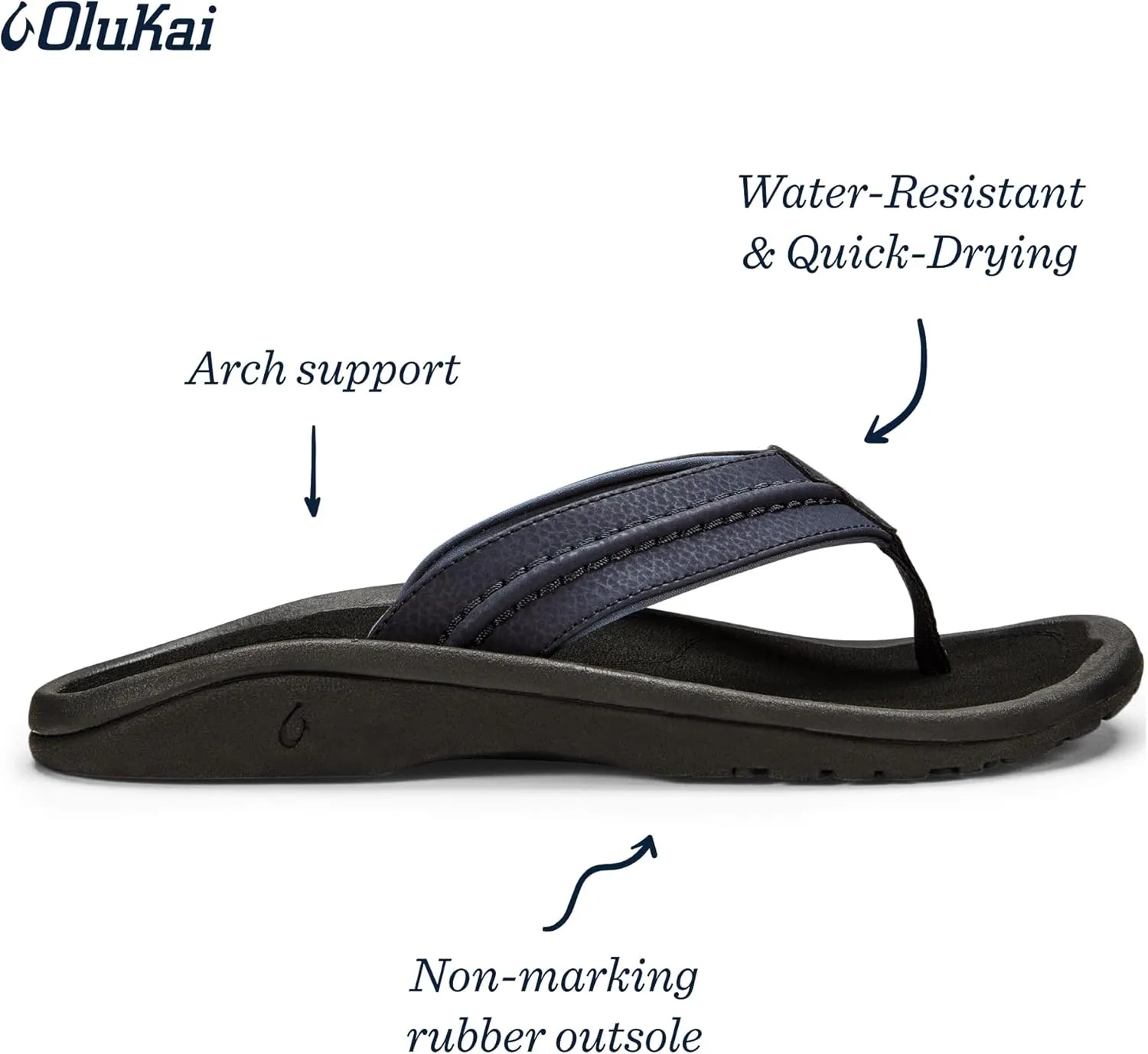 OLUKAI Hokua Men's Beach Sandals, Quick-Dry Flip-Flop Slides, Water Resistant & Wet Grip Rubber Soles, Compression Molded Footbed & Soft Comfort Fit