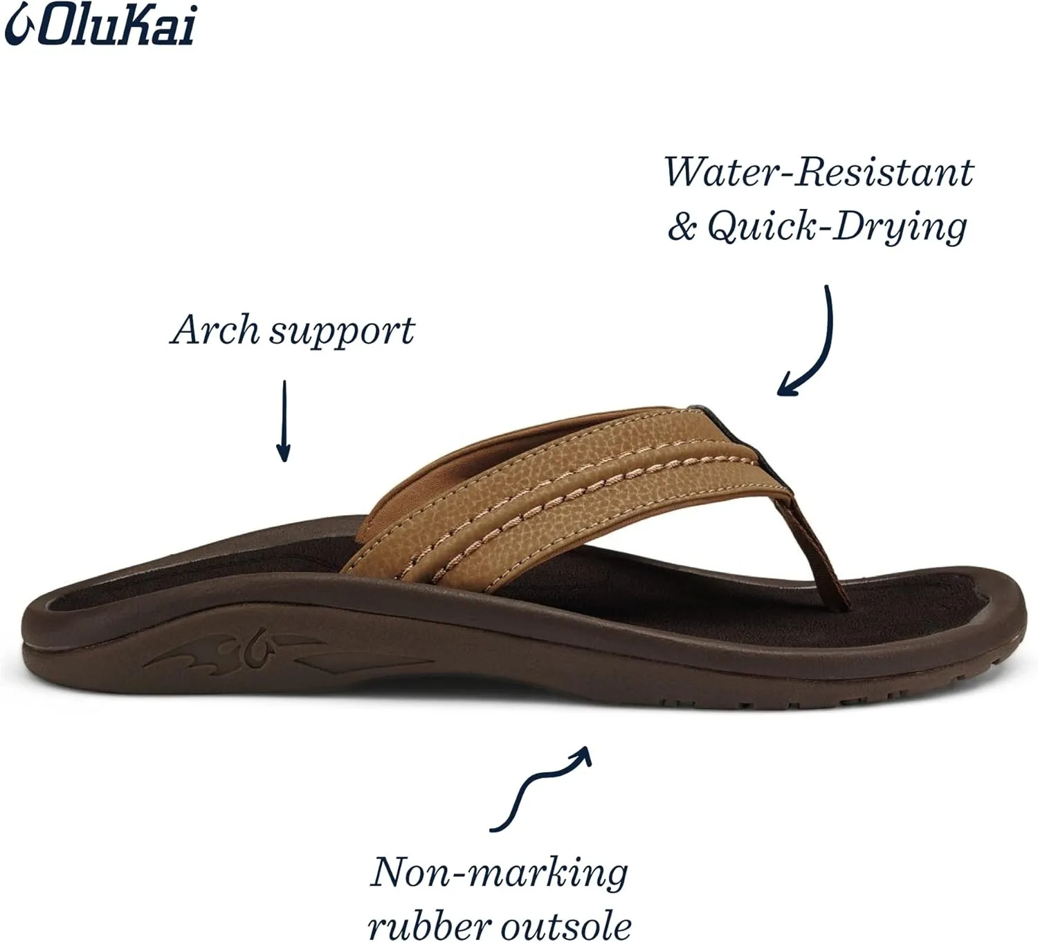 OLUKAI Hokua Men's Beach Sandals, Quick-Dry Flip-Flop Slides, Water Resistant & Wet Grip Rubber Soles, Compression Molded Footbed & Soft Comfort Fit