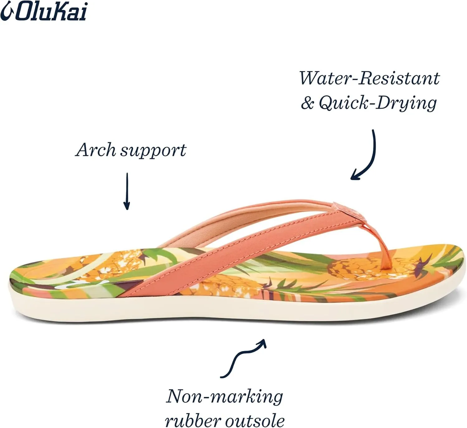 OLUKAI Ho'opio Hau Women's Beach Sandals, Quick-Dry Flip-Flop Slides, Water Resistant Suede Lining & Wet Grip Soles, Soft Comfort Fit & Arch Support