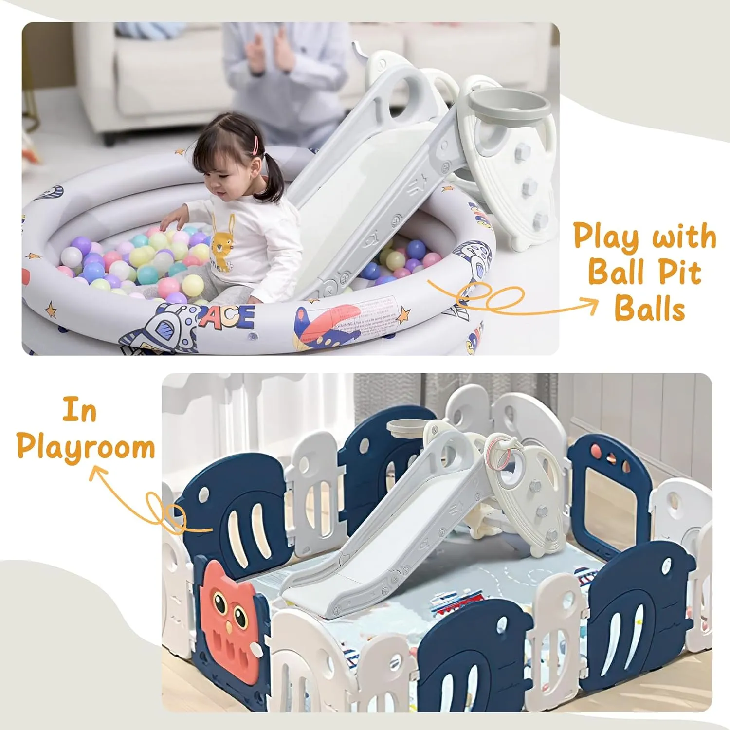 Onasti Kids Slide for Toddlers Age 1-3 Indoor Baby Plastic Slide Outdoor Climber Freestanding Playset with Basketball Hoop & Ring Game Grey