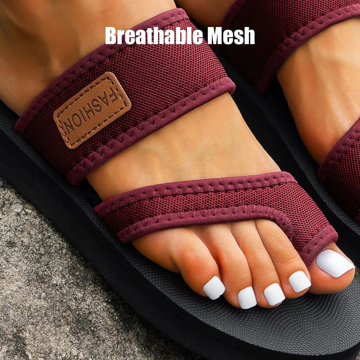 Orthopedic Arch Support Sandals Diabetic Walking Sandals, Breathable Mesh Slide Sandals, Women Hollow Toe Loop Slippers