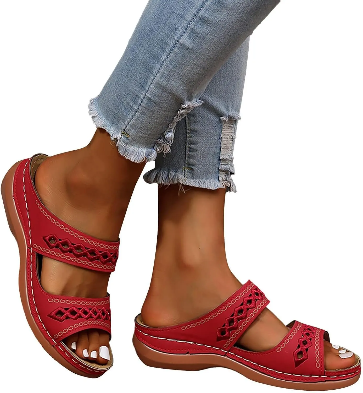 Orthopedic Sandals for Women Embroidered Wedge Perfectchose Arch Support Sandals Non-Slip Breathable Outdoor Walking Shoes Lightweight Memory Foam Platform Shoes