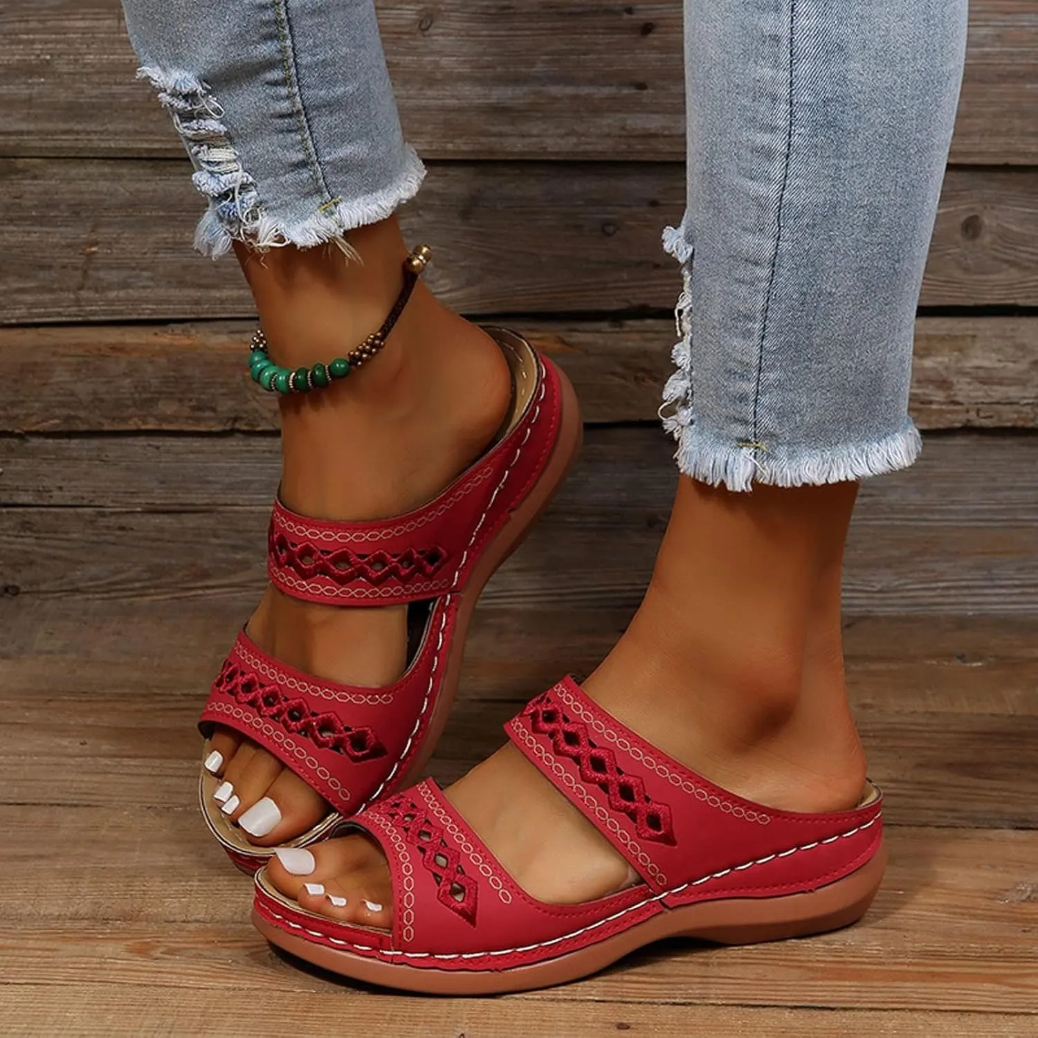 Orthopedic Sandals for Women Embroidered Wedge Perfectchose Arch Support Sandals Non-Slip Breathable Outdoor Walking Shoes Lightweight Memory Foam Platform Shoes