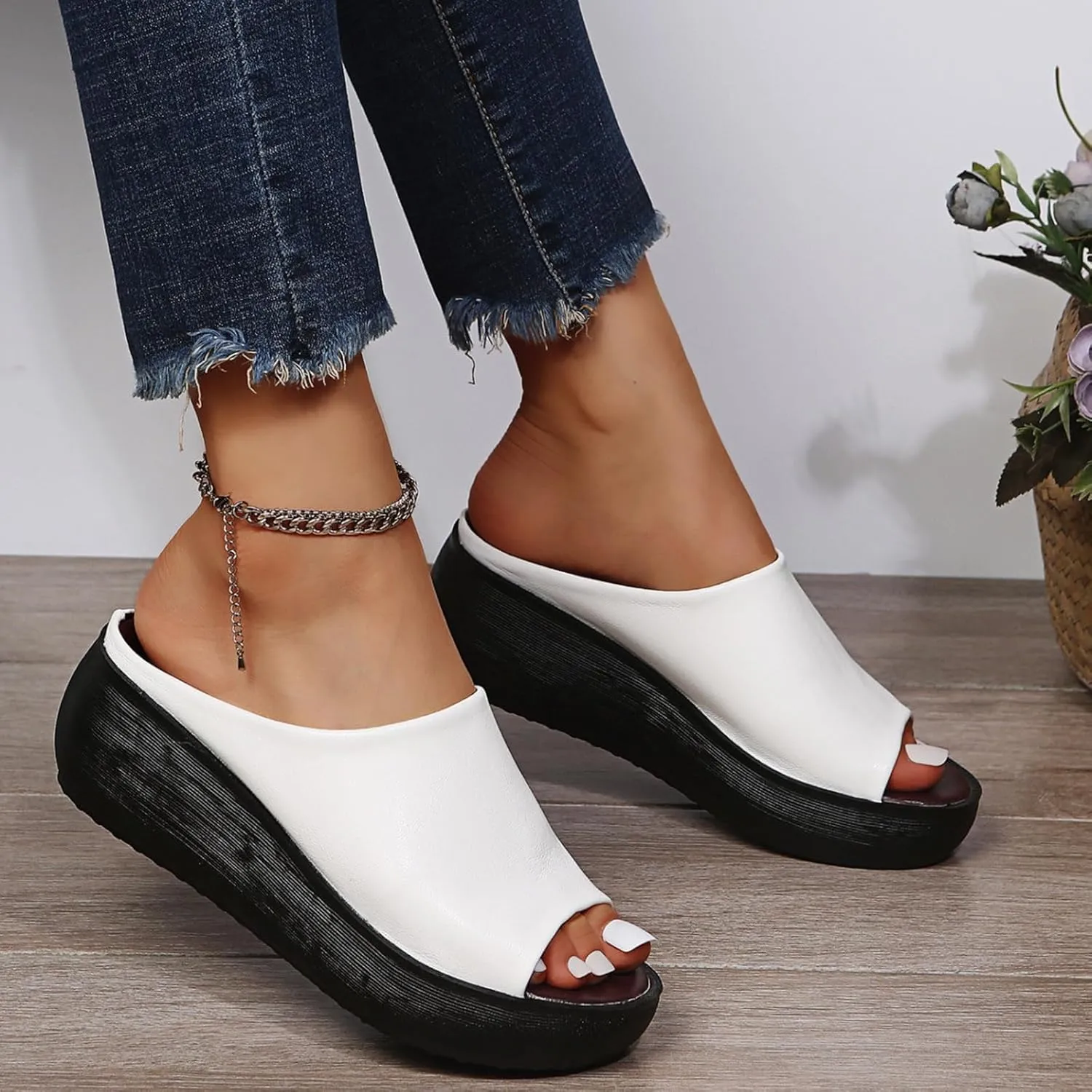 Orthopedic Sandals for Women Orthotic Leather Wedges Slides Damping Sole Upgradation Stretch Lightweight Sandals Slides Arch and Heel Support Platform Comfortable Walking Shoes