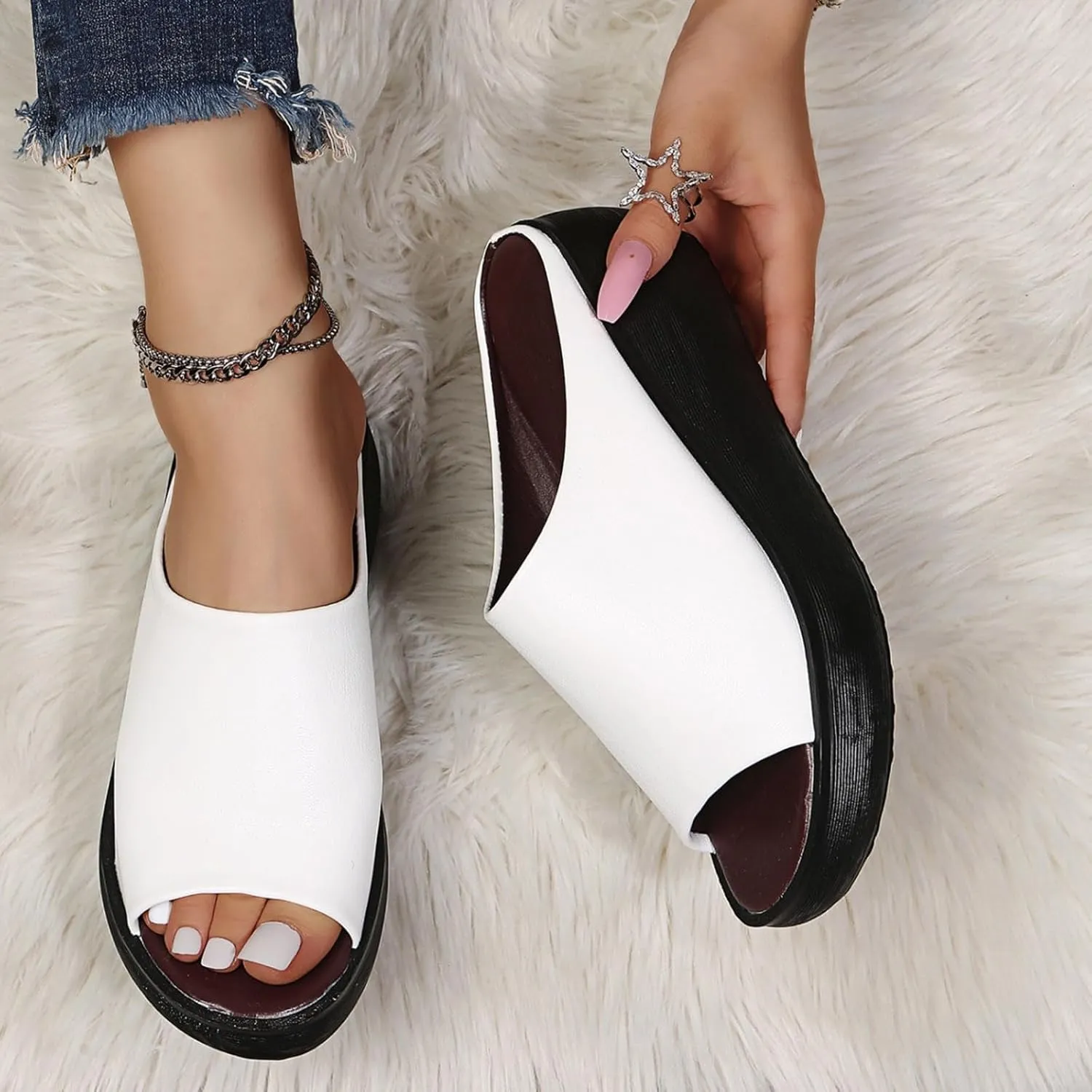 Orthopedic Sandals for Women Orthotic Leather Wedges Slides Damping Sole Upgradation Stretch Lightweight Sandals Slides Arch and Heel Support Platform Comfortable Walking Shoes