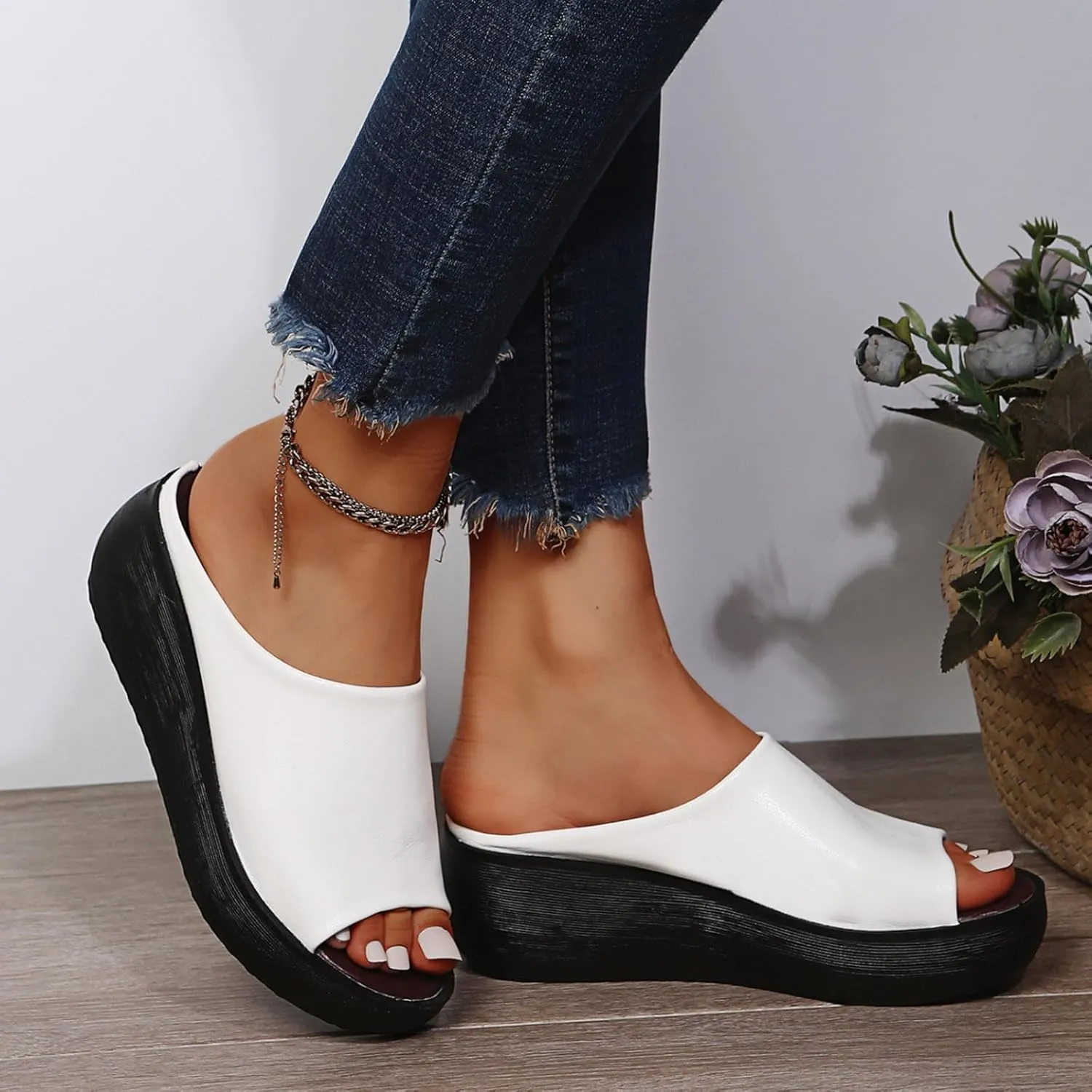 Orthopedic Sandals for Women Orthotic Leather Wedges Slides Damping Sole Upgradation Stretch Lightweight Sandals Slides Arch and Heel Support Platform Comfortable Walking Shoes