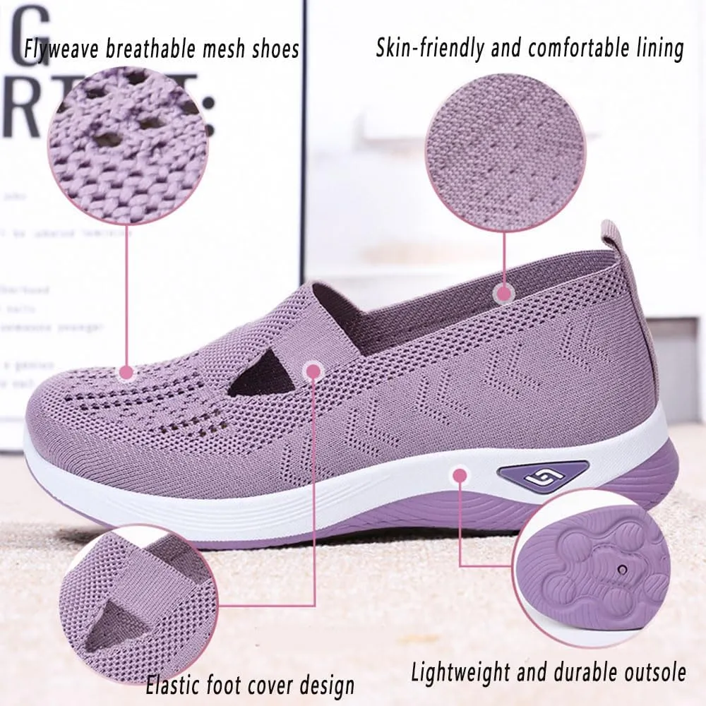 Orthowalkway Womens Shoes,Breathable Sneakers Slip On Comfortable Knitted Lightweight Flat Walking Shoes with Soft Cushion