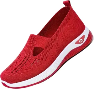 Orthowalkway Womens Shoes,Breathable Sneakers Slip On Comfortable Knitted Lightweight Flat Walking Shoes with Soft Cushion