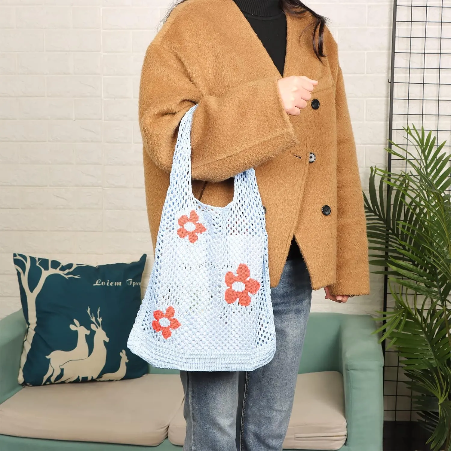 Ovida Crochet Tote Bag Mesh Beach Bag Fairycore Hobo Fairy Grunge Aesthetic Shoulder Bag Y2k Purse for Women Girls