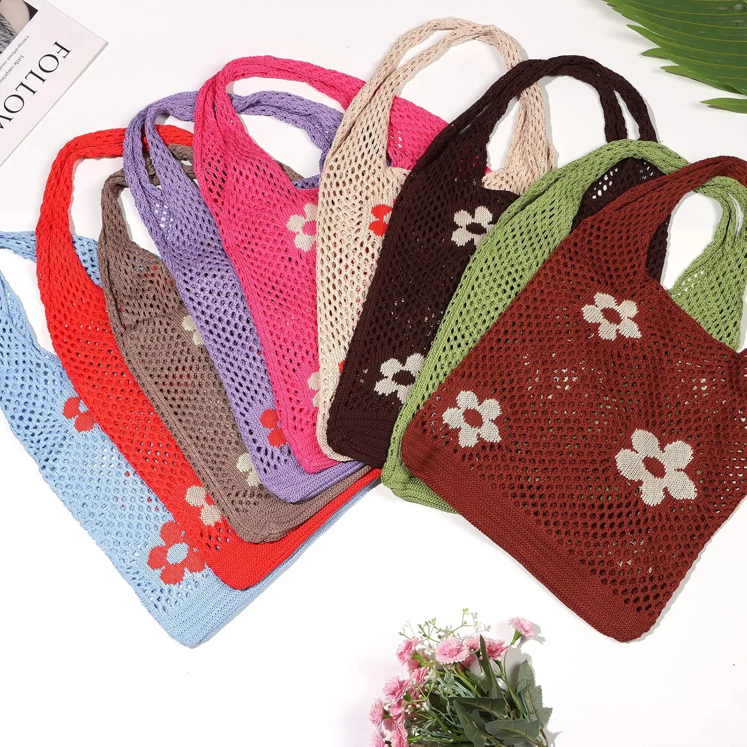Ovida Crochet Tote Bag Mesh Beach Bag Fairycore Hobo Fairy Grunge Aesthetic Shoulder Bag Y2k Purse for Women Girls