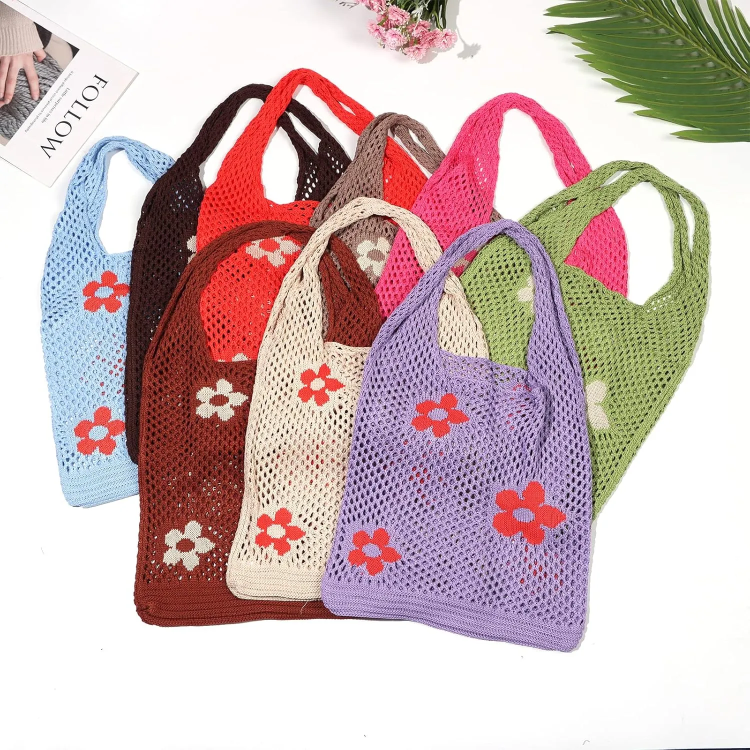 Ovida Crochet Tote Bag Mesh Beach Bag Fairycore Hobo Fairy Grunge Aesthetic Shoulder Bag Y2k Purse for Women Girls
