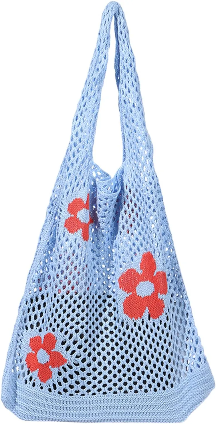 Ovida Crochet Tote Bag Mesh Beach Bag Fairycore Hobo Fairy Grunge Aesthetic Shoulder Bag Y2k Purse for Women Girls