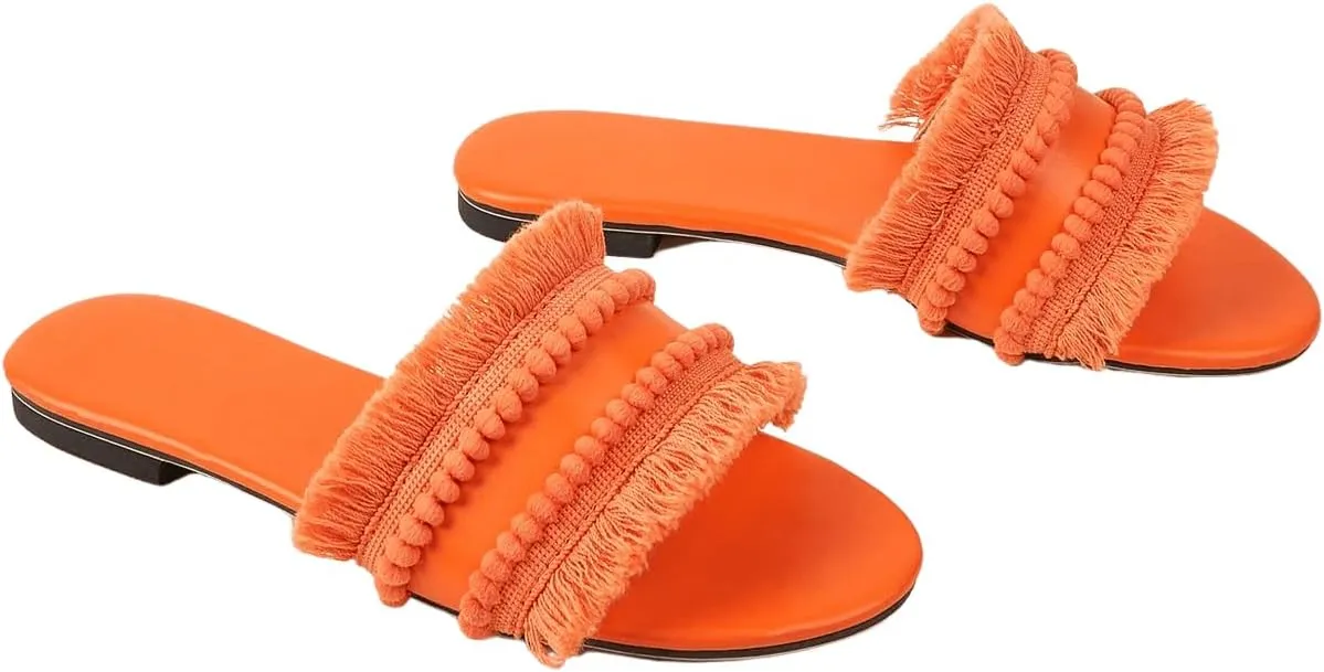 OYOANGLE Women's Fringe Trim Satin Open Toe Flat Slide Sandals Summer Casual Slip on Dressy Sandals