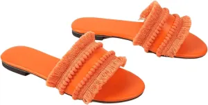 OYOANGLE Women's Fringe Trim Satin Open Toe Flat Slide Sandals Summer Casual Slip on Dressy Sandals