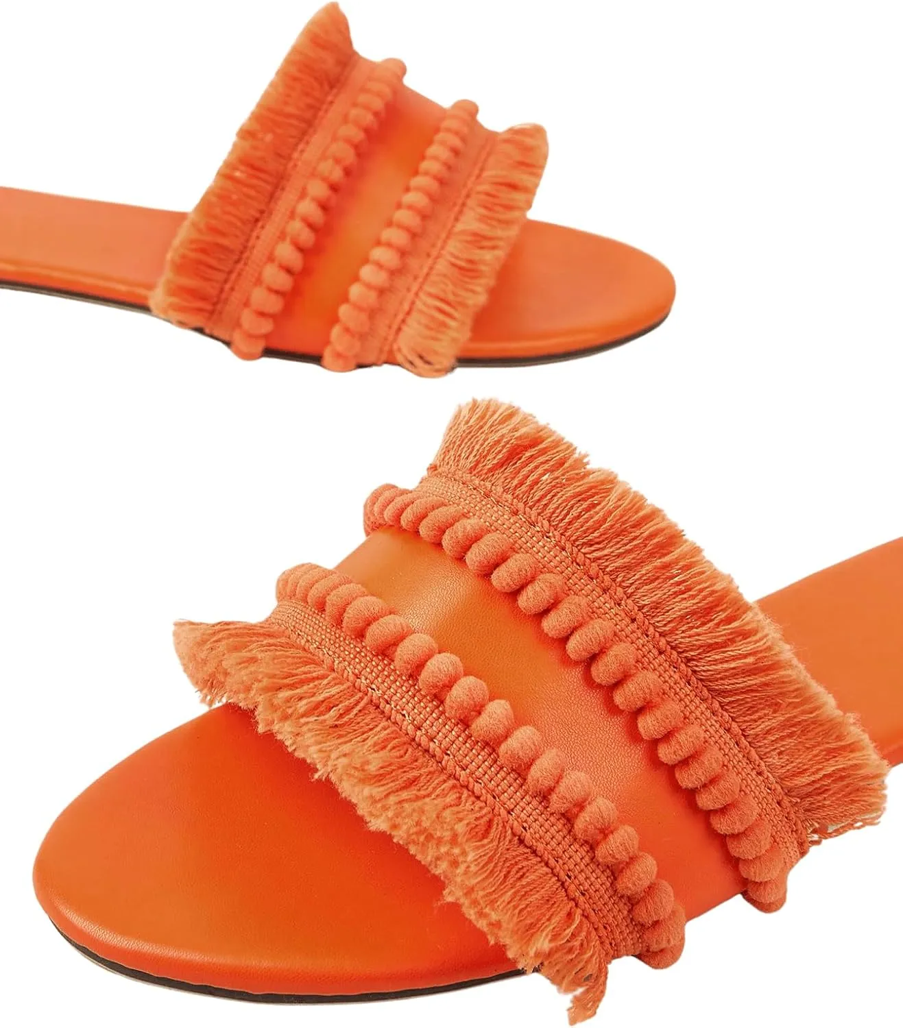 OYOANGLE Women's Fringe Trim Satin Open Toe Flat Slide Sandals Summer Casual Slip on Dressy Sandals
