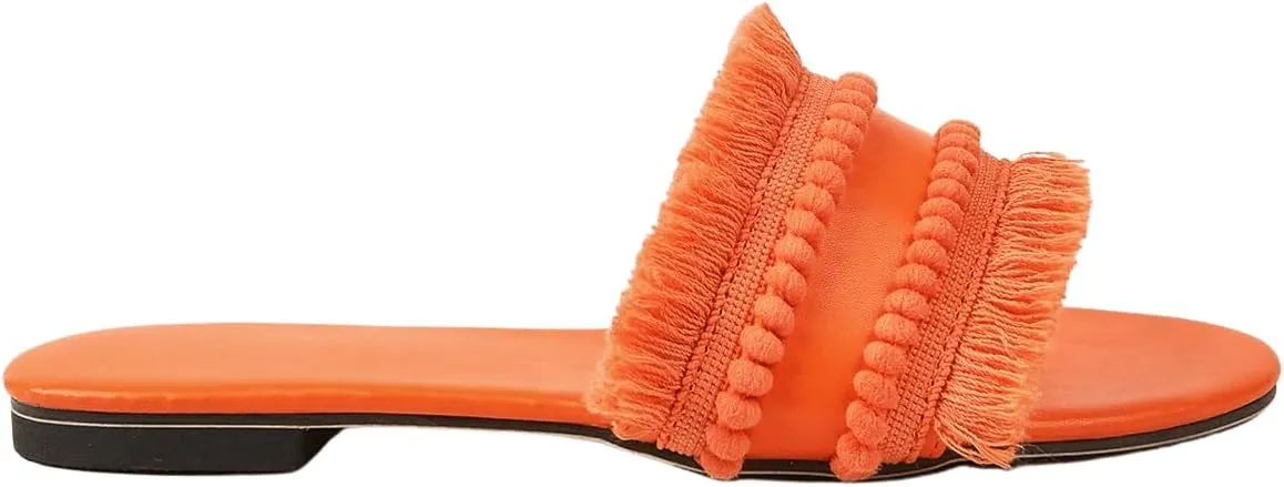 OYOANGLE Women's Fringe Trim Satin Open Toe Flat Slide Sandals Summer Casual Slip on Dressy Sandals