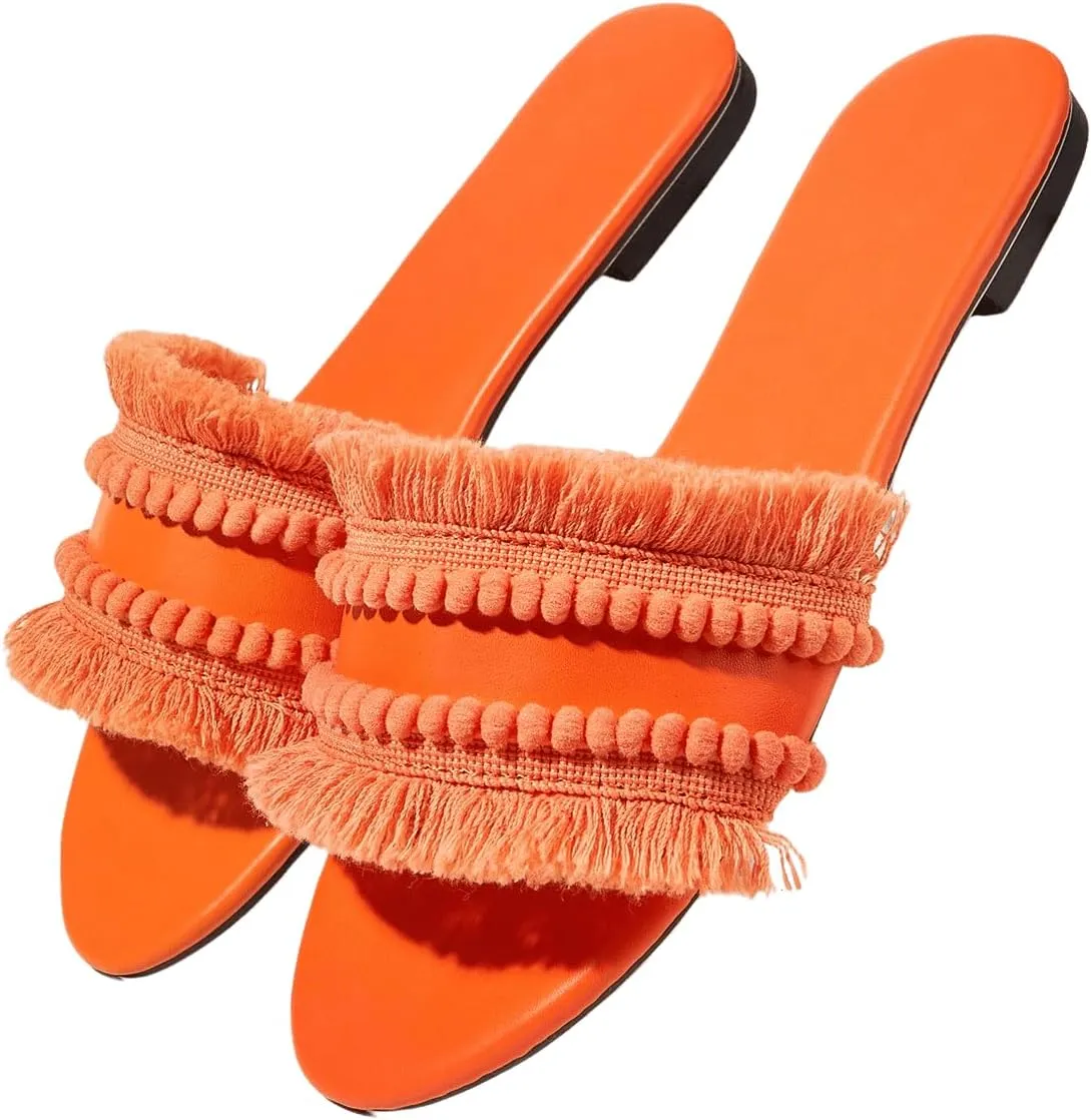 OYOANGLE Women's Fringe Trim Satin Open Toe Flat Slide Sandals Summer Casual Slip on Dressy Sandals