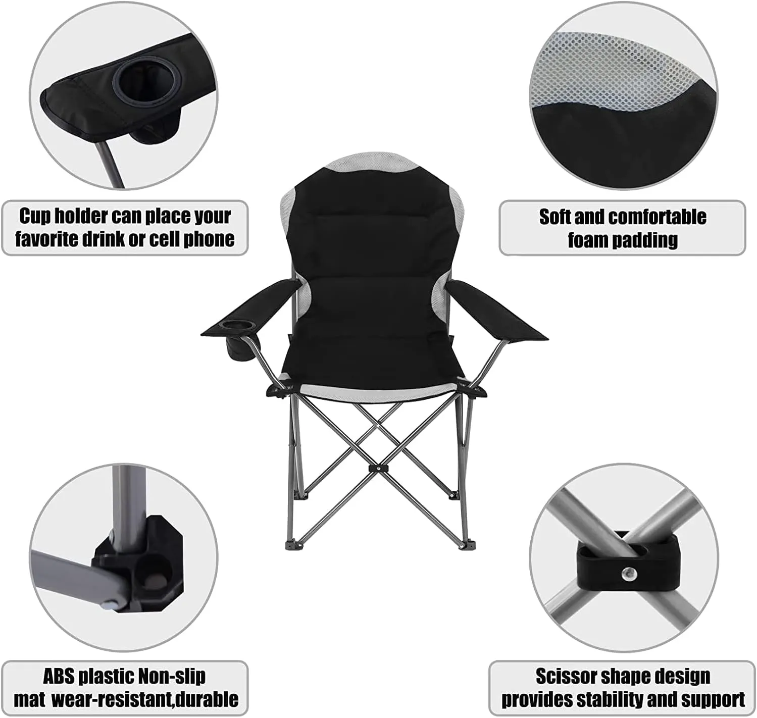 Padded Camping Chairs for Adults with Armrests and Cup Holder, Heavy Duty Folding Chair Portable Fishing Beach, Perfect Caravan Trips, BBQs, Garden, Picnic