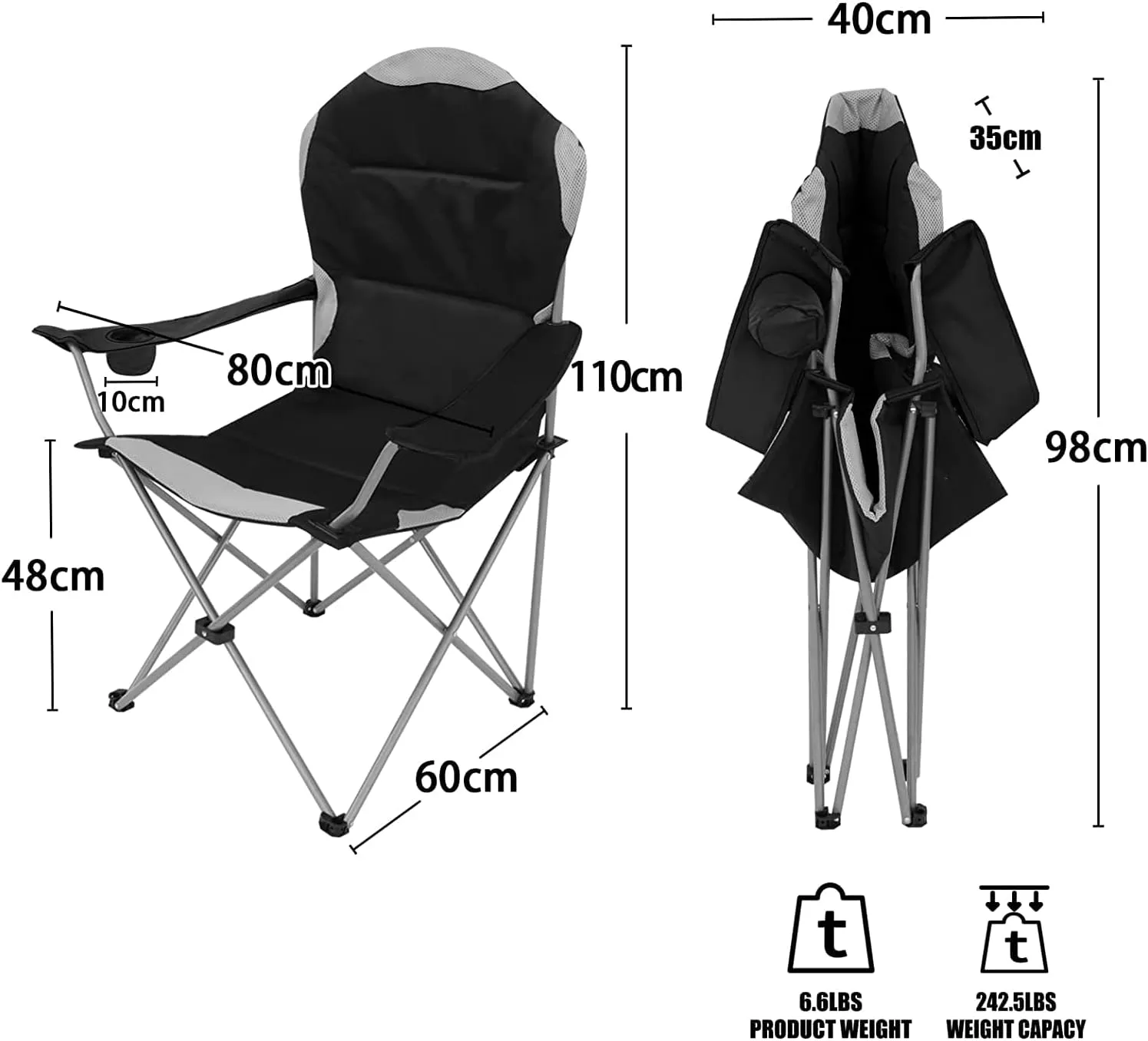 Padded Camping Chairs for Adults with Armrests and Cup Holder, Heavy Duty Folding Chair Portable Fishing Beach, Perfect Caravan Trips, BBQs, Garden, Picnic