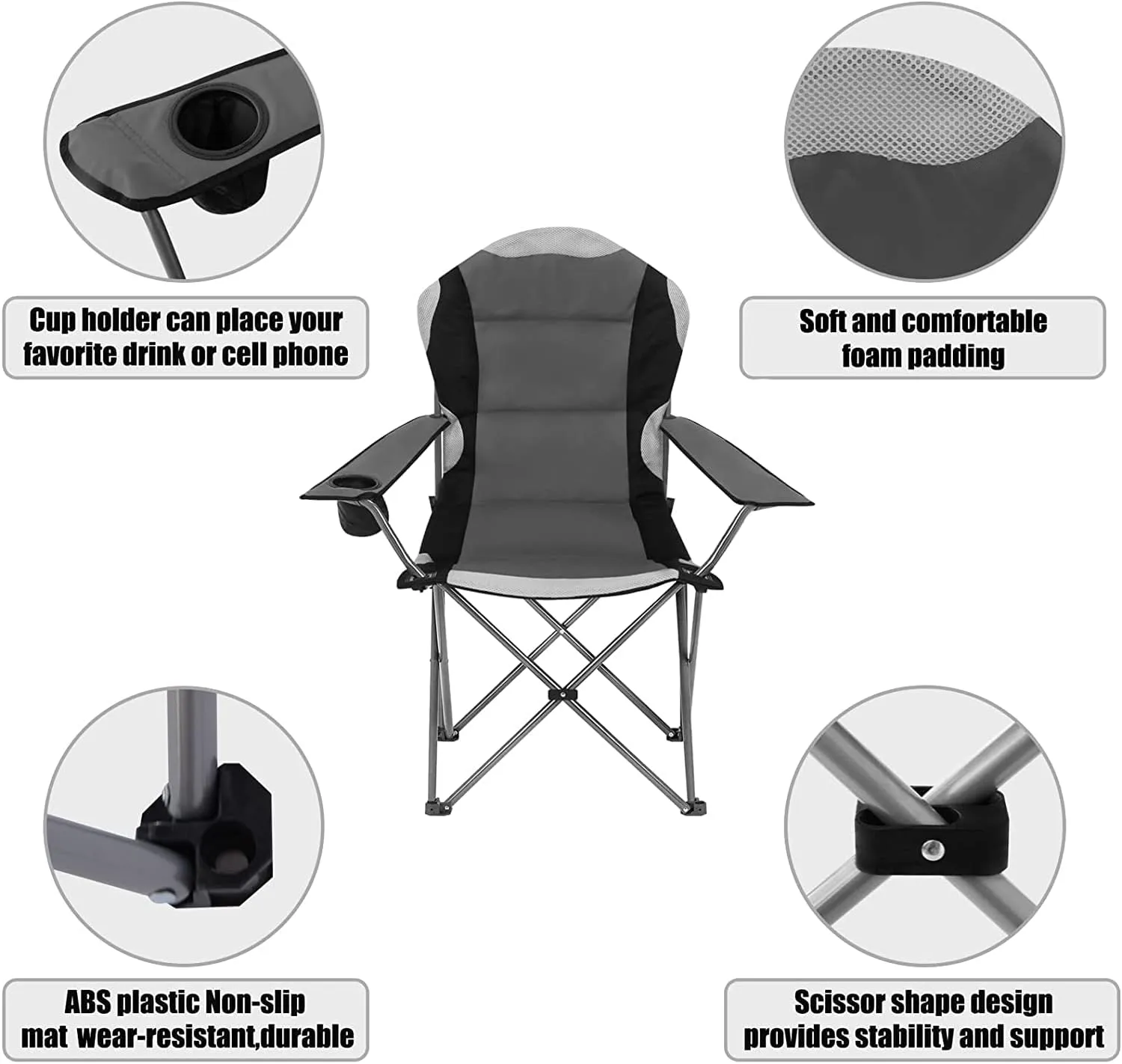 Padded Camping Chairs for Adults with Armrests and Cup Holder, Heavy Duty Folding Chair Portable for Fishing Beach, Perfect for Caravan Trips, BBQs, Garden, Picnic