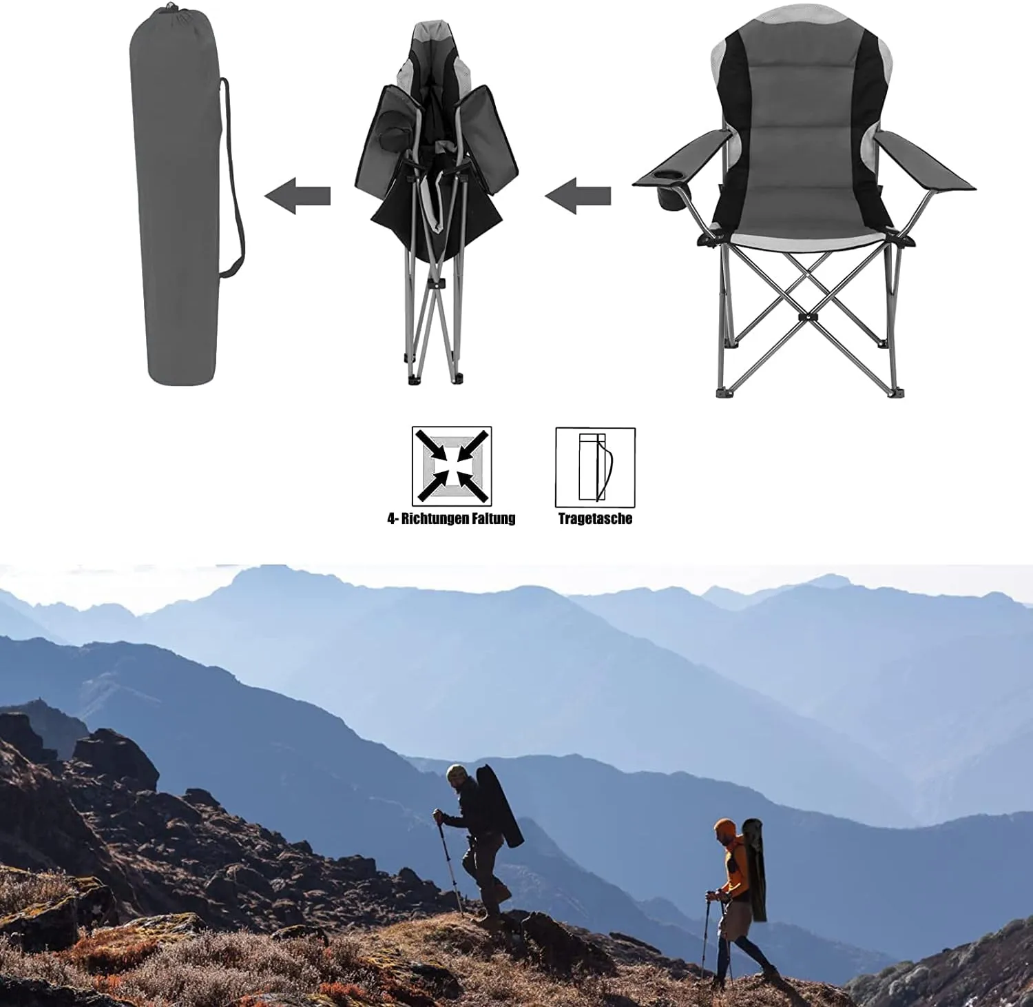 Padded Camping Chairs for Adults with Armrests and Cup Holder, Heavy Duty Folding Chair Portable for Fishing Beach, Perfect for Caravan Trips, BBQs, Garden, Picnic