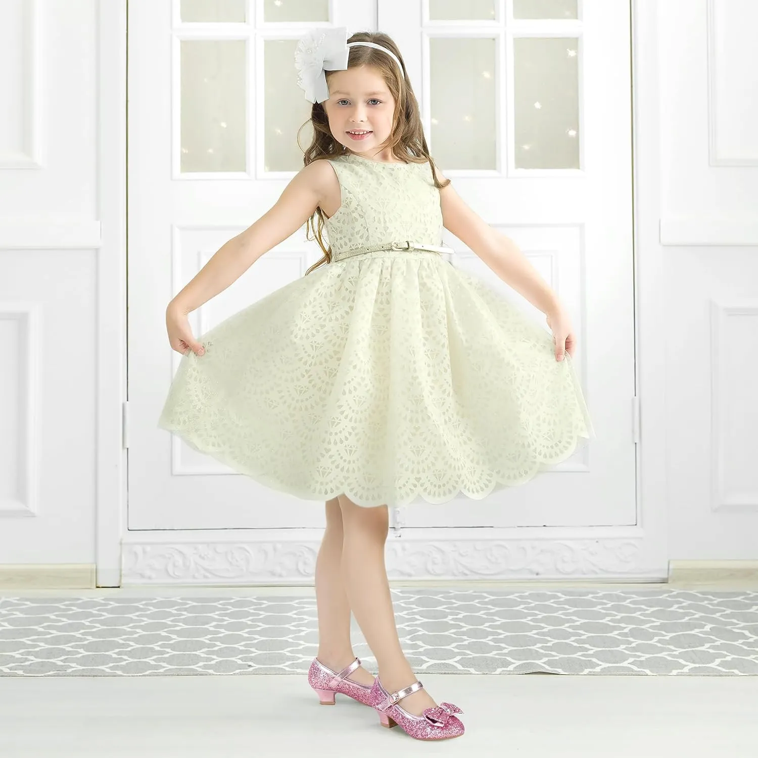 PANDANINJIA Girls Toddler/Little Kid Jada Dress Mary Jane Pumps Bow Low Heels Party Wedding Princess Shoes