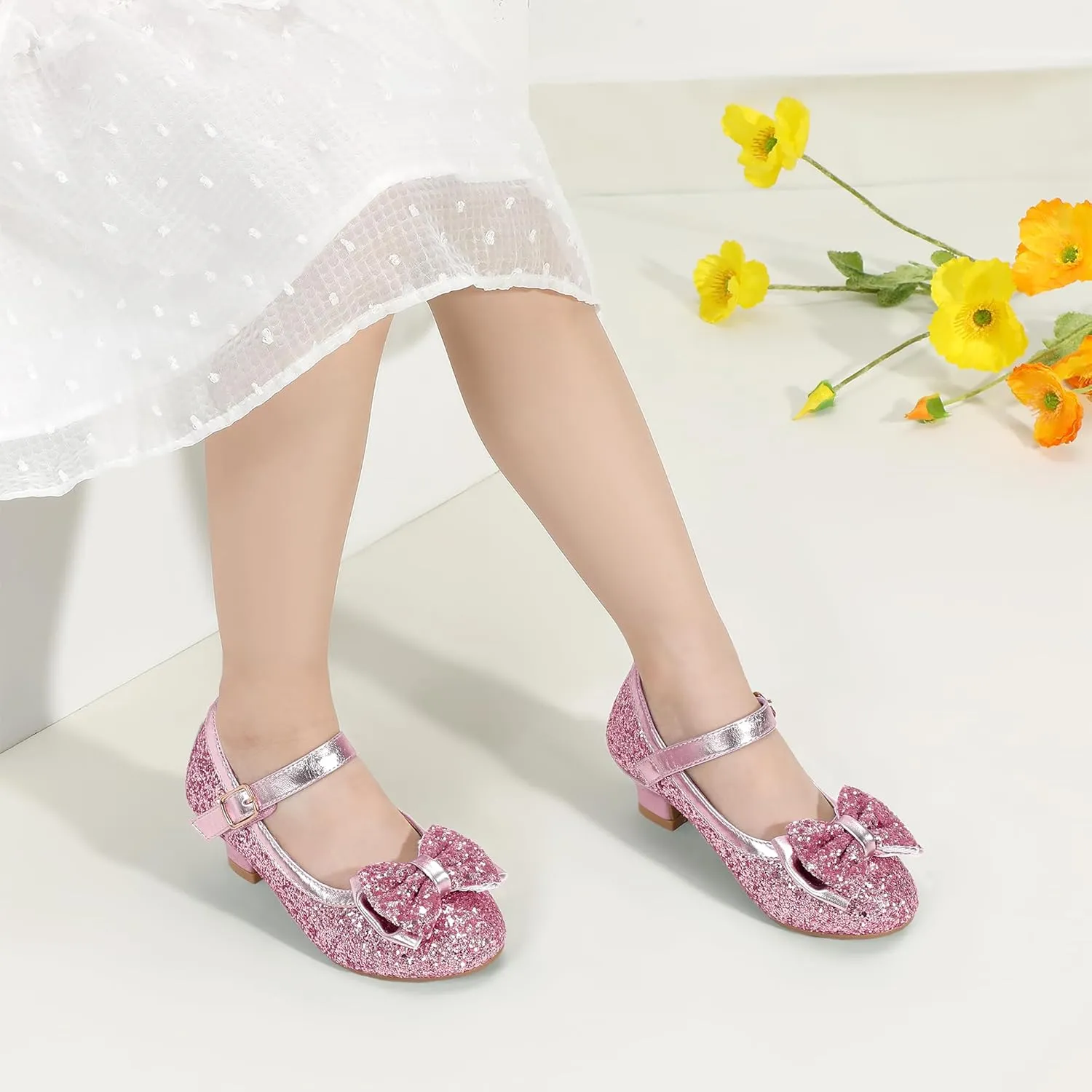 PANDANINJIA Girls Toddler/Little Kid Jada Dress Mary Jane Pumps Bow Low Heels Party Wedding Princess Shoes