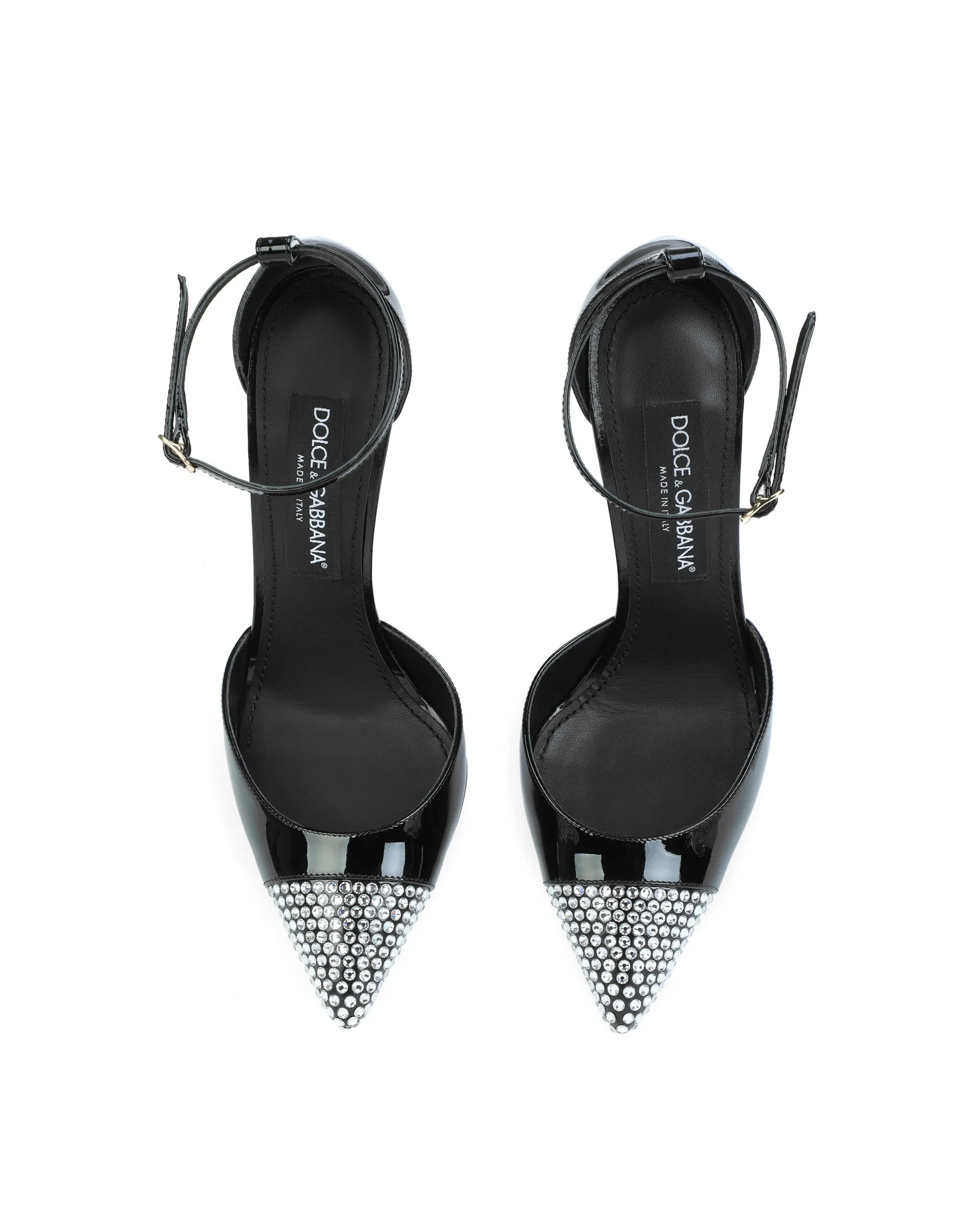 Patent leather pumps with fusible rhinestones