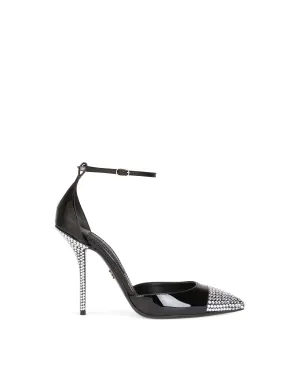 Patent leather pumps with fusible rhinestones